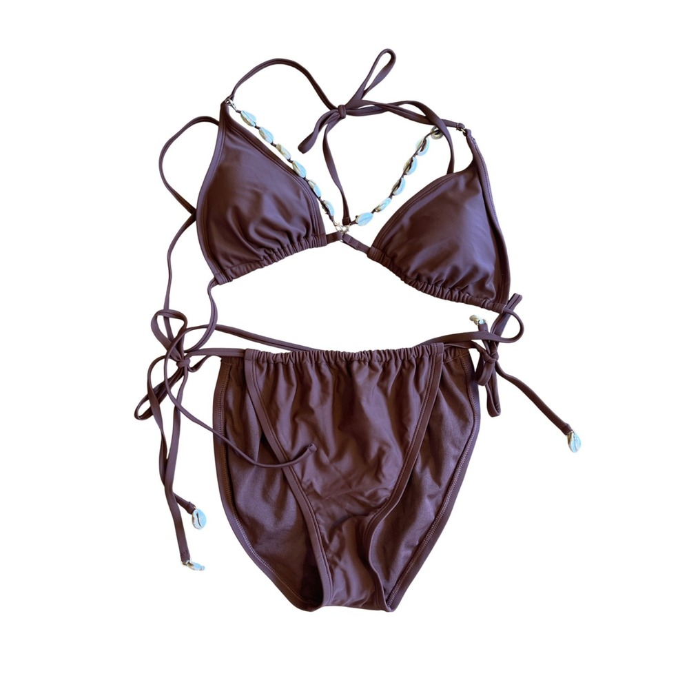 Wild Fable Brown Cowrie Shell Triangle String Bikini Set High Cut Side Tie Large